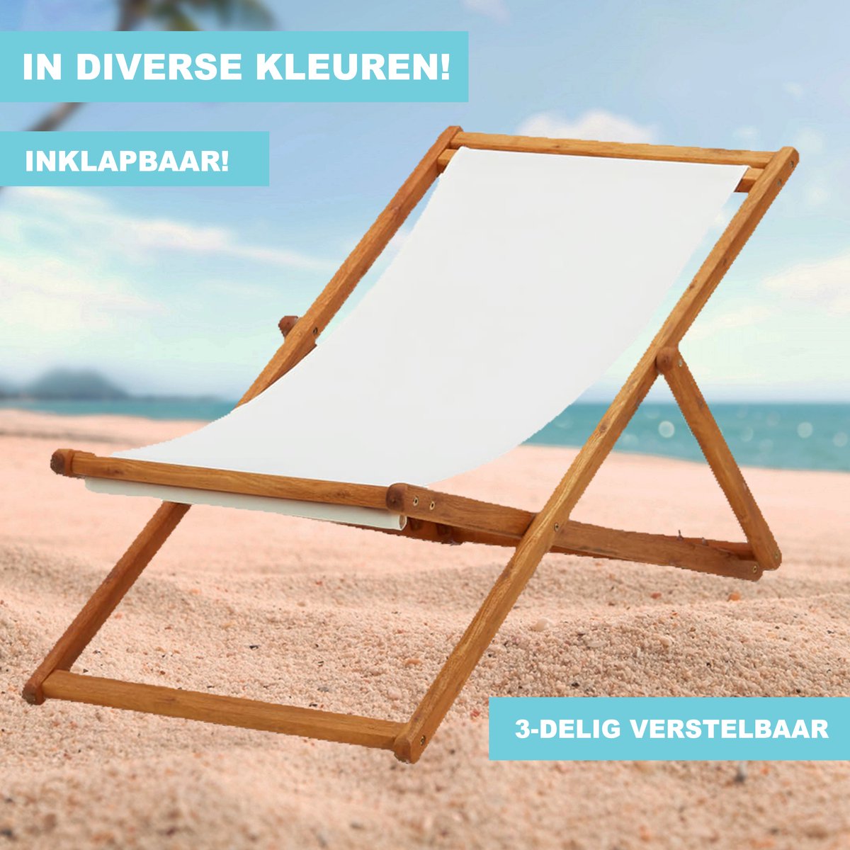 Strandstoel - wit - inklapbaar - hoogwaardig - ligstoel - houten stoel - strand - stevig - opvouwbaar - 3 standen - massief hout - white