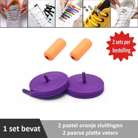 2 paar paarse platte elastische veters met pastel oranje sluitingen. Je hoeft voortaan nooit meer je veters te strikken.