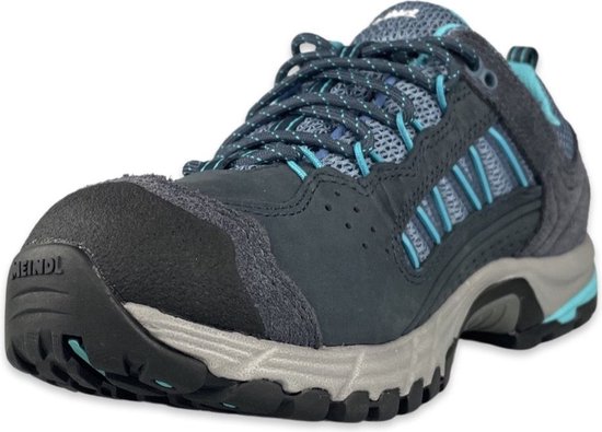 Donkerblauwe lage wandelschoen met turquoise accenten, GORE-TEX logo en veters.