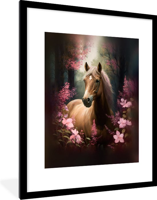 Fotolijst incl. Poster - Paard - Bloemen - Roze - Natuur - Bos - 60x80 cm - Posterlijst