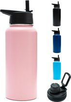 Bouteille d'eau - Pink pastel - 1 litre - Bouchon Extra gratuit avec paille et bec verseur - Bouteille d'eau avec paille - Bouteille isotherme - Sans BPA - Étanche