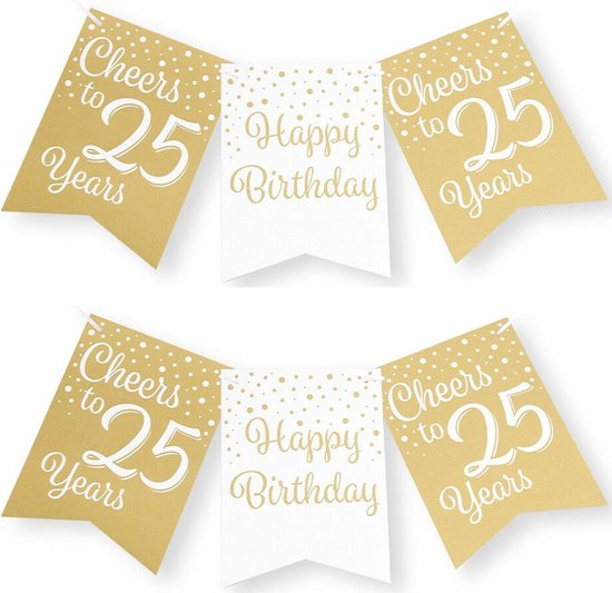 Paperdreams verjaardag vlaggenlijn 25 jaar - 2x - wit/goud - 600 cm