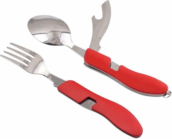 4-in-1 Inklapbaar Camping Bestek - Vork / Lepel / Mes / Flesopener - Roestvrij staal - Survival Bestek - Rood van Gadgy — afbeelding 3