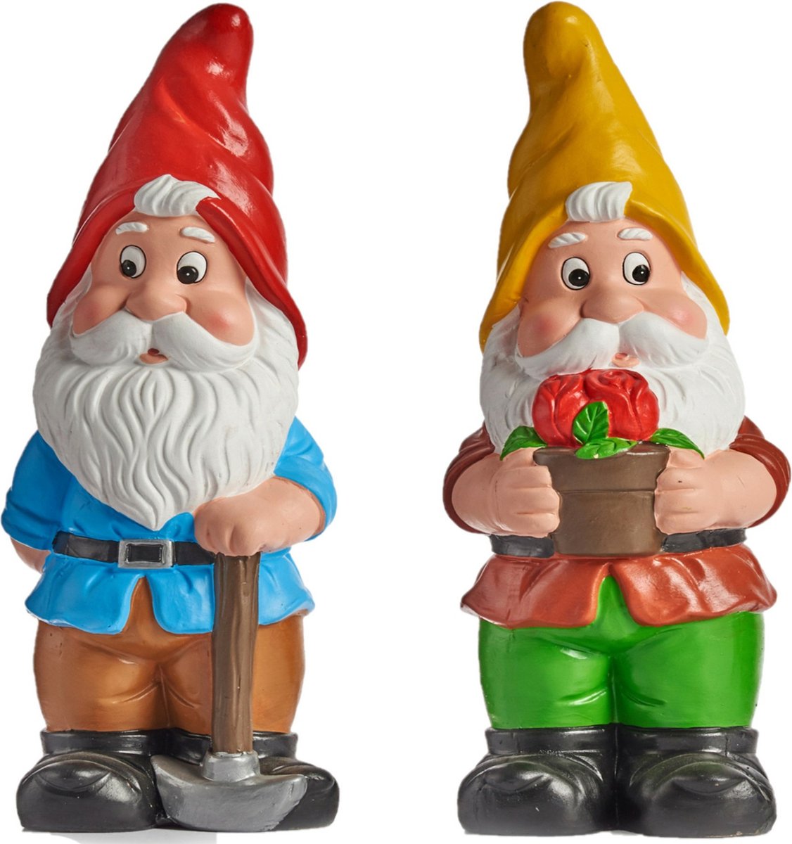 Tuinkabouter beeldjes - set van 2x - Keramiek - 24.5 cm - geel/rood