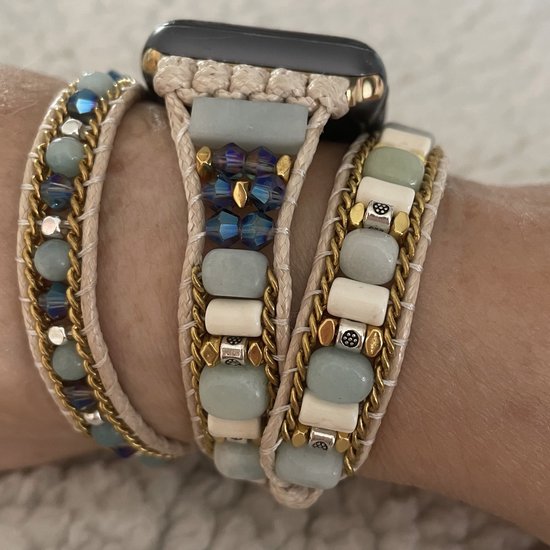 Apple Watch bracelet montre bohème 42/ 44 / 45 mm bleu/crème Perles Natuursteen Beaded Wrap Band Style Ibiza