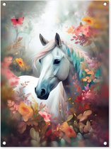 Tuinschilderij Paard - Natuur - Bloemen - Dieren - Bos - 60x80 cm - Tuinposter - Tuindoek - Buitenposter