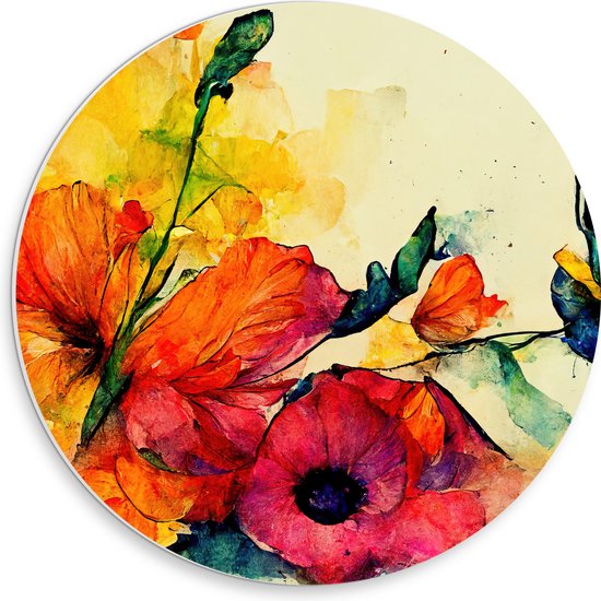 PVC Schuimplaat Muurcirkel - Abstracte Bloemen in Verschillende Kleuren van Waterverf - 30x30 cm Foto op Muurcirkel (met ophangsysteem)