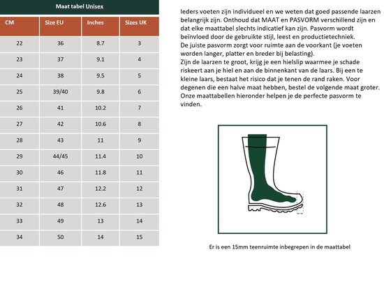 Maattabel voor unisex laarzen met conversie voor CM, EU, inches en UK maten, inclusief een illustratie van een laars.