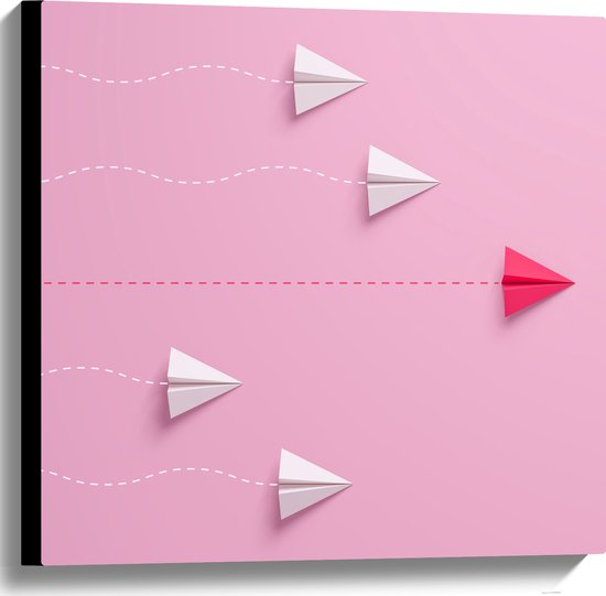 Canvas - Competitieve Origami Vliegtuigjes tegen Roze Achtergrond - 60x60 cm Foto op Canvas Schilderij (Wanddecoratie op Canvas)