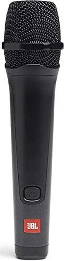 Microphone JBL noir avec bouton marche/arrêt et logo JBL rouge