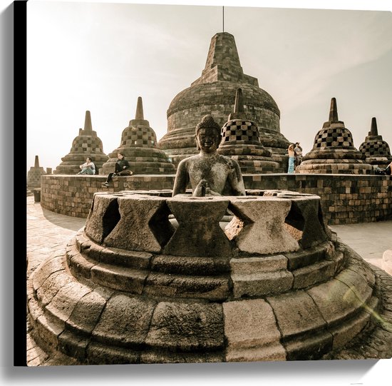 Canvas - Beelden bij Borobudur Tempel in IndonesiË - 60x60 cm Foto op Canvas Schilderij (Wanddecoratie op Canvas)