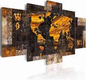 Schilderij - Wereldkaart - Wereld van Goud, 5luik , bruin oranje , wanddecoratie , premium print op canvas