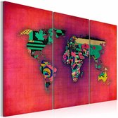 Schilderij - Wereldkaart - De Wereld is van Mij ,3luik , rood , premium print op canvas