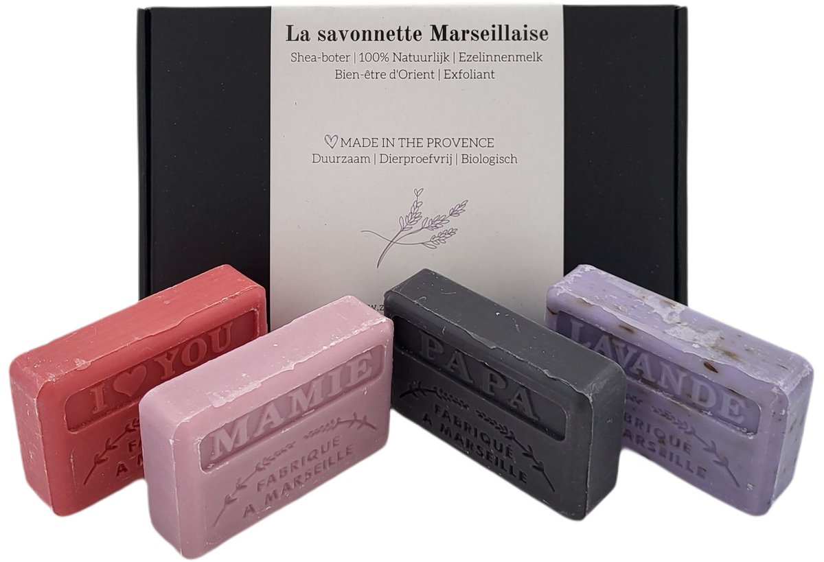 Goedkoopste Savon de Marseille cadeau zeep set Mamie, Papa, I love you Lavendel scrub 4x125 gr.