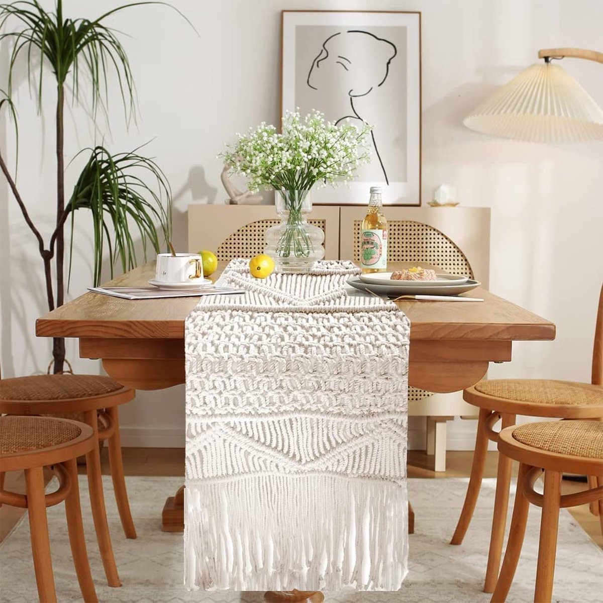 Chemin de table 72/108 pouces, Linge de table en macramé en toile de jute  en coton, Nappe bohémienne rustique pour ferme avec pompon pour une fête de  bébé, Fournitures de Ramadan 