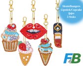 F4B Lipstick Sleutelhanger Diamond Painting | Dubbelzijdig | 5 Stuks | Cupcake | ijsjes | Meisjes | Pakket Volwassenen | Accessoires | Pakket Volledig