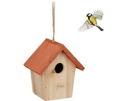 Vogelhuisje hout decoratie om op te hangen - tuin balkon terras - natuur oranje Vogelhuisje