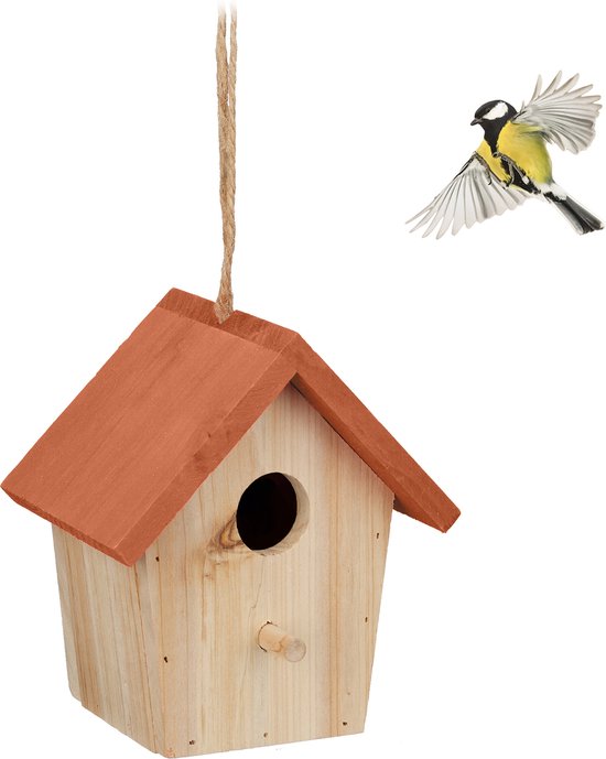 Vogelhuisje hout decoratie om op te hangen - tuin balkon terras - natuur oranje Vogelhuisje