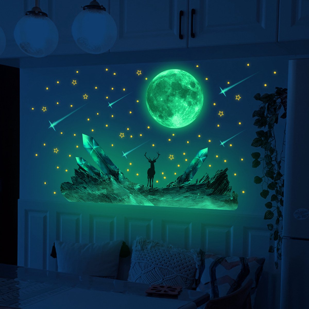 Glow In The Dark Maan/Meteoor Fluorescerende Stickers Kinderkamer zelfklevende Cartoon Muurstickers 40×18CM*1+21×15CM*1+10×10CM*1