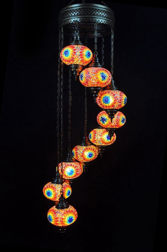 Lampe Turque - Suspension Mosaïque Marocaine Orientale Handgemaakt Lustre Etoile Multicolore 9 ampoules