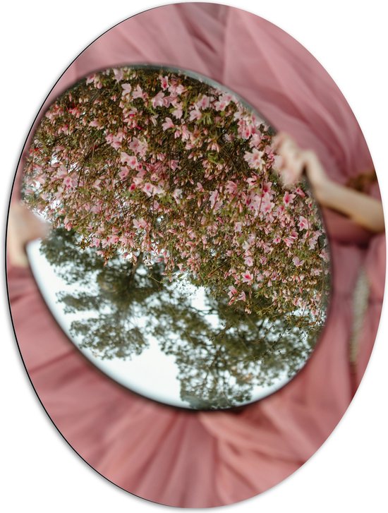Dibond Ovaal - Bloesemstruik in Spiegel in Handen van Vrouw in Roze Jurk - 72x96 cm Foto op Ovaal (Met Ophangsysteem)