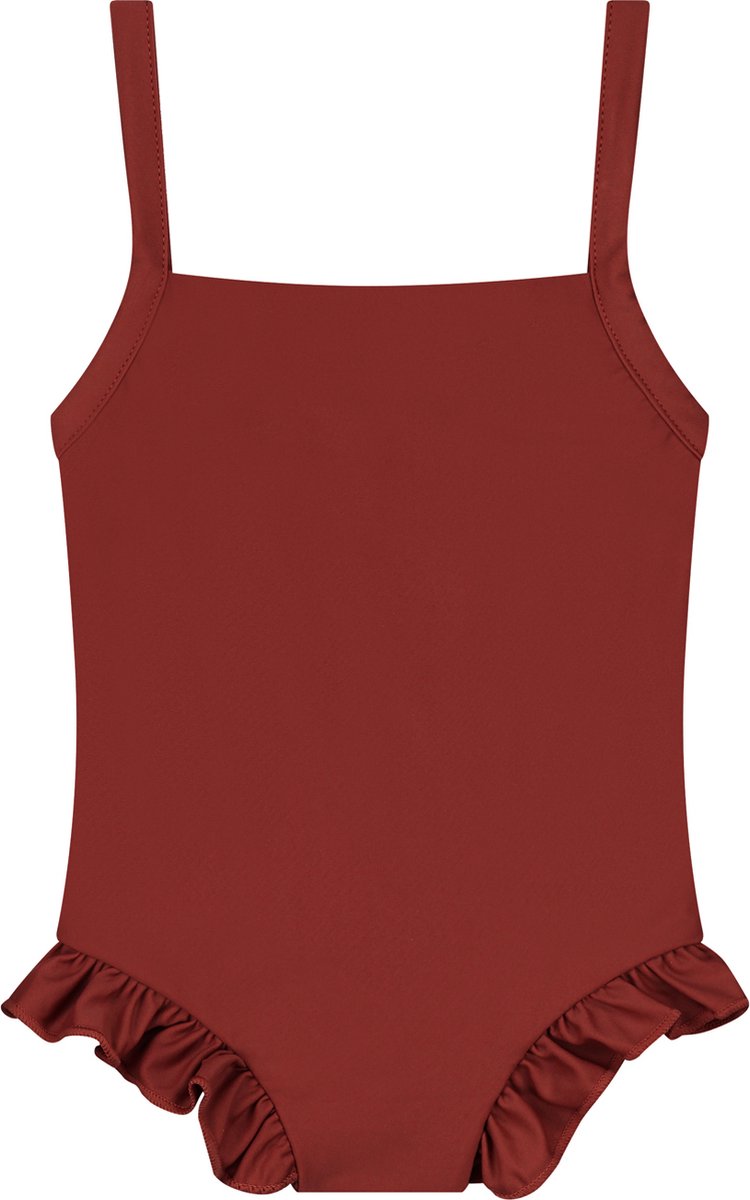 Supercute badpak bruin/rood met bandjes en drukknoopjes maat 98
