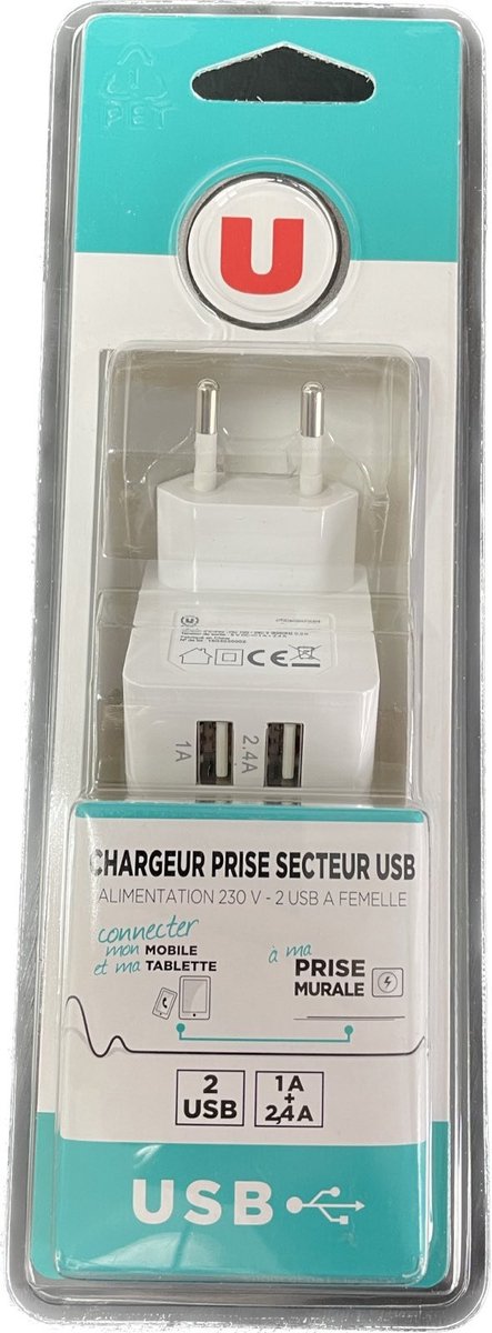 Magasins-u - USB duo oplaad stekker 1A en 2.4A