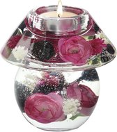Handgemaakte waxinelichtje houder met bloemen valerie - glas - paars rose wit- 11x11 cm - kaarshouder