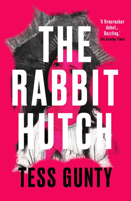 Boek kaft met de titel 'The Rabbit Hutch' in grote witte letters, op een felle roze achtergrond, met een afbeelding van een meisje.
