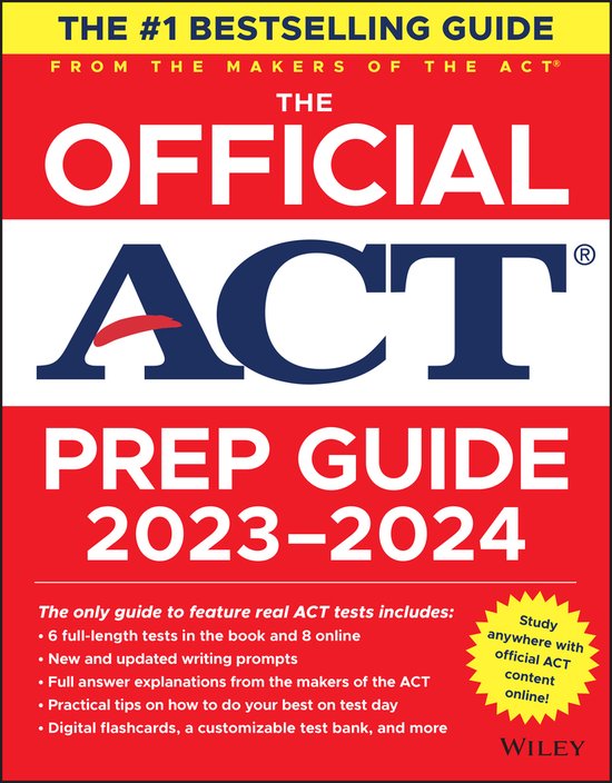 Le guide officiel de préparation à l'ACT 2023-2024, le guide le plus vendu, avec "OFFICIAL ACT PREP GUIDE 2023-2024" en lettres blanches sur fond rouge.