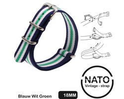 18mm Nato Strap Blauw met Groene en Witte streep - Vintage James Bond - Nato Strap collectie - Mannen - Horlogebanden - Blue Green - 18 mm bandbreedte voor oa. Seiko Rolex Omega Casio en Citizen