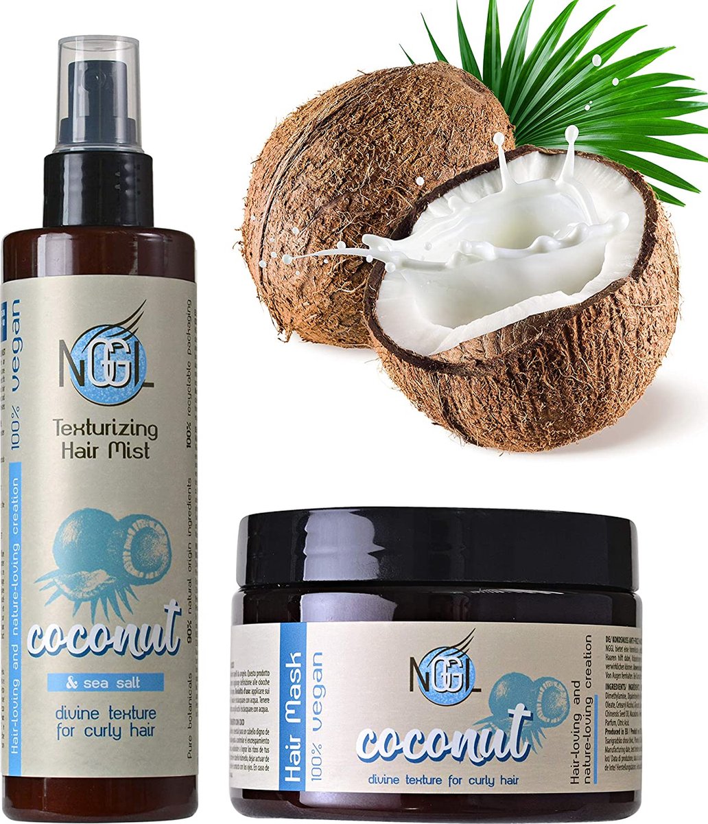 NGGL Vegan Premium Hair Spa Anti-Frizz Hair Mask 350 ml and Texturising Hair Mist 200 ml with 100% Natural Coconut Oil and Sea Salt