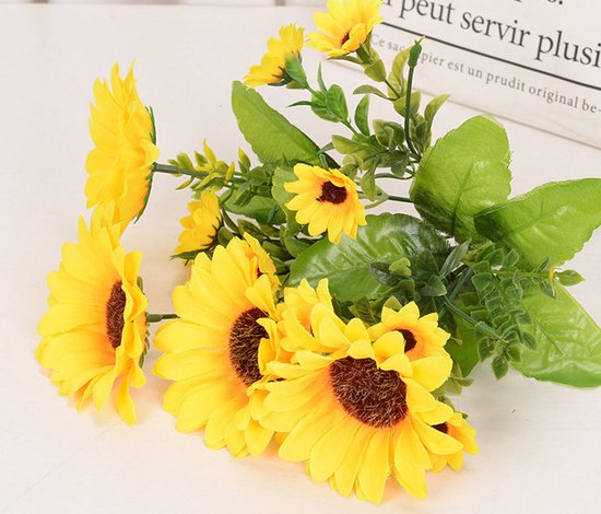 Kunst boeket zonnebloemen | Neppe zonnebloem | Zijde | Grote en kleine zonnebloemen | Goede kwaliteit