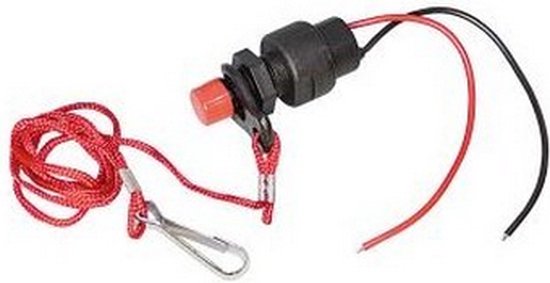 Zwarte stroomonderbreker met rode dop, rood koord en metalen clip.