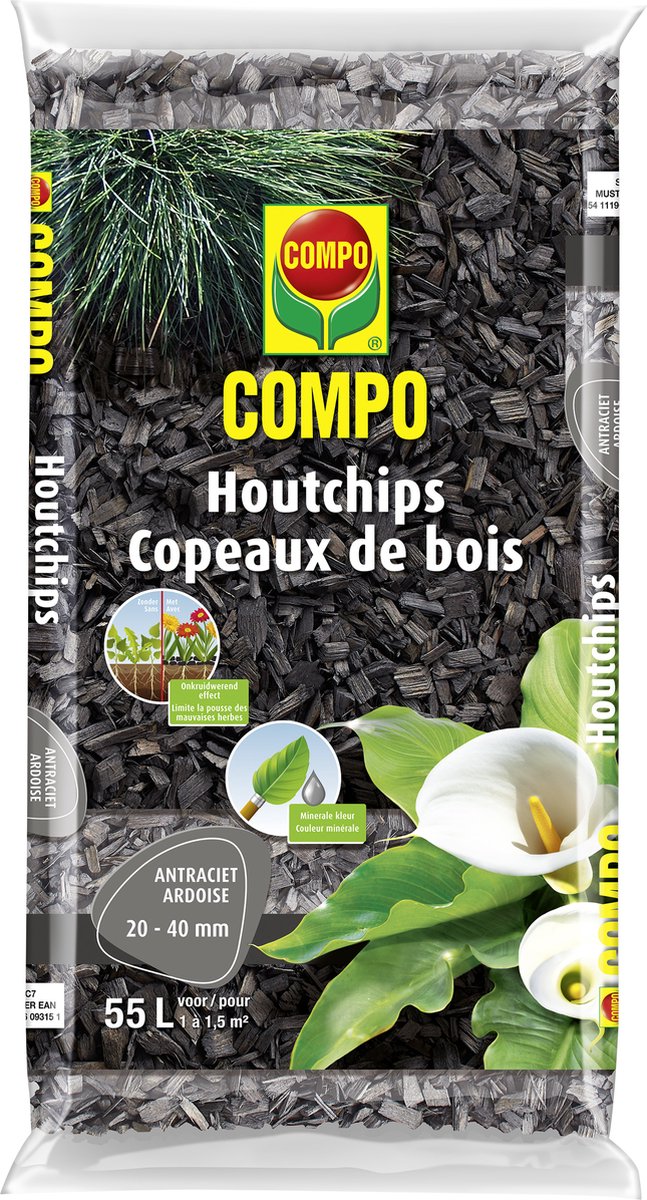 COMPO Houtchips Antraciet - decoratieve bodembedekker voor paden, bloemperken, speelruimten - kaliber 20-40 mm - zak 55L