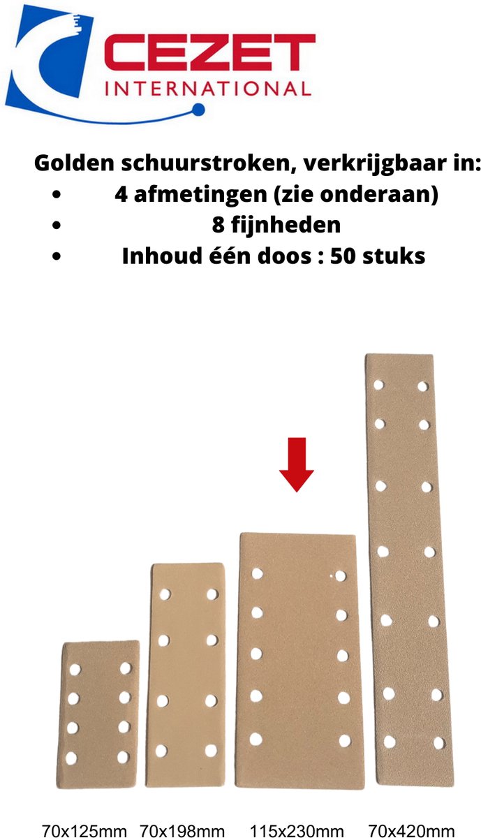 CEZET Golden schuurpapier strook - grit 120 - 115x230 mm - 10 gaten - 50 stuks - schuren auto, boot enz.