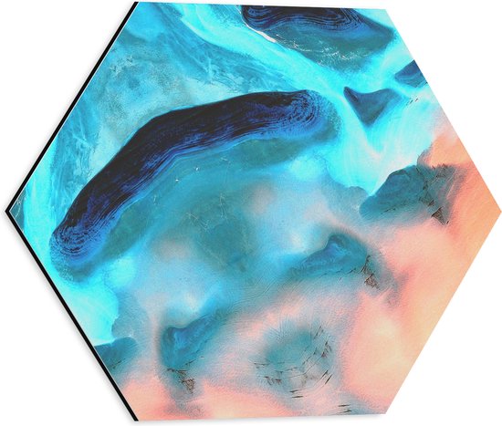 Dibond Hexagon - Abstracte Weergave van Zee aan het Strand - 40x34.8 cm Foto op Hexagon (Met Ophangsysteem)