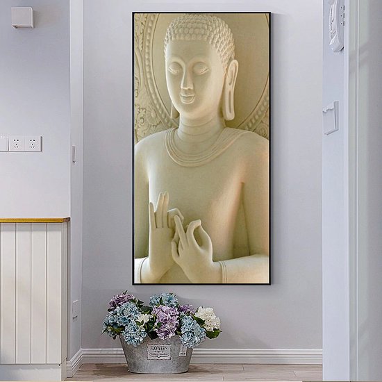Allernieuwste.nl® Canvas Schilderij Creme Beige Zen Boeddha - Boedha Modern - Poster - 60 x 120 cm - Kleur
