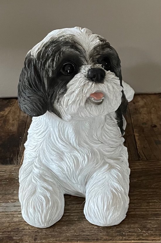 BEELD HONDJEBOOMERZWART/WITLIGGENDDECORATIEF37 X 19 X 16 CM.