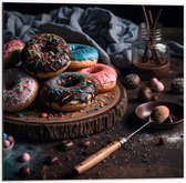 Dibond - Foto van een Plateau vol Verse Donuts - 50x50 cm Foto op Aluminium (Met Ophangsysteem)