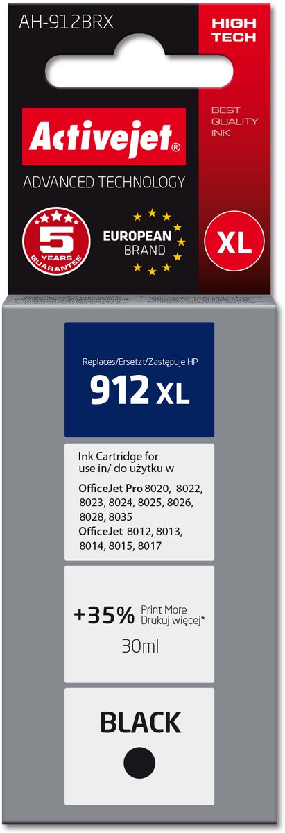 Activejet AH-912BRX inkt voor HP printers, Vervanging HP 912XL 3YL84AE; Premium; 1100 pagina's; zwart