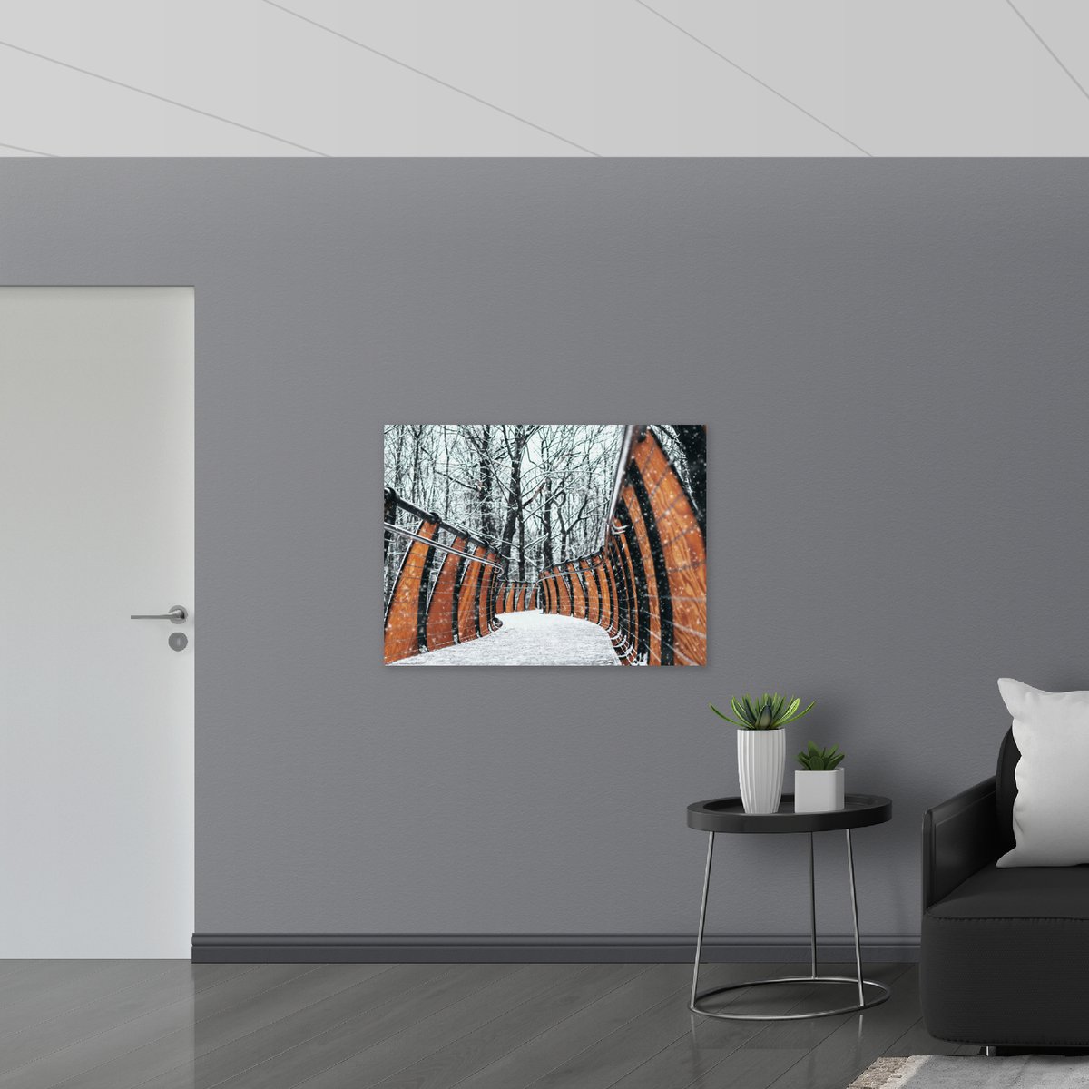 Poster Glanzend – Hekwerk in Ondergesneeuwd Bos - 100x75 cm Foto op Posterpapier met Glanz