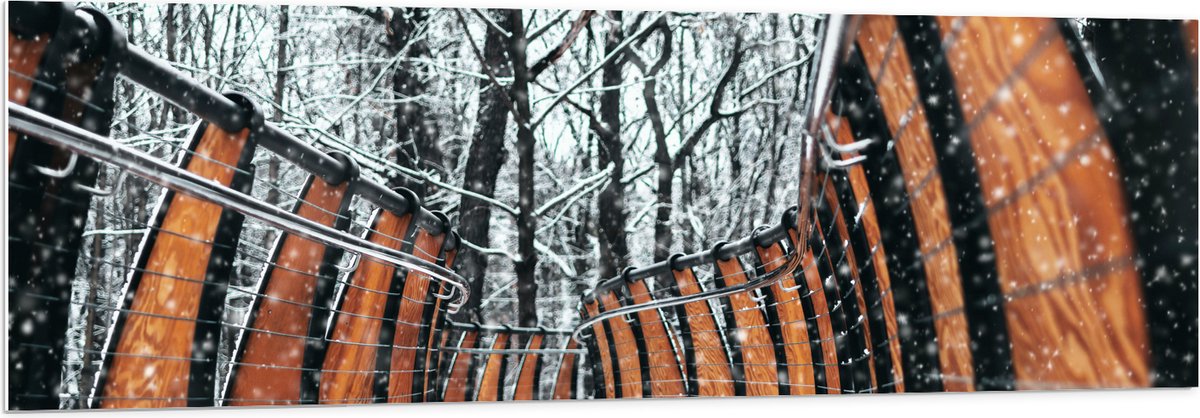 PVC Schuimplaat- Hekwerk in Ondergesneeuwd Bos - 150x50 cm Foto op PVC Schuimplaat
