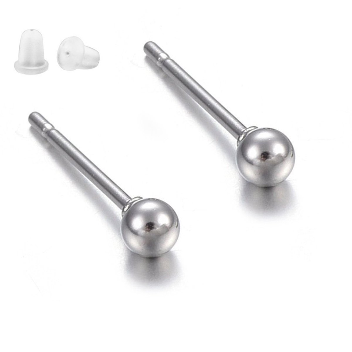 Stalen oorknopjes 3mm bolletje unisex van 304 stainless steel hypoallergeen met silicone dopjes