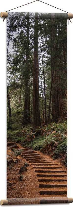 WallClassics - Textielposter - Looppad tussen Hoge Bomen in het Bos - 30x90 cm Foto op Textiel