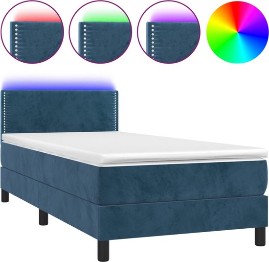 vidaXL - Boxspring - met - matras - en - LED - fluweel - donkerblauw - 90x200 - cm