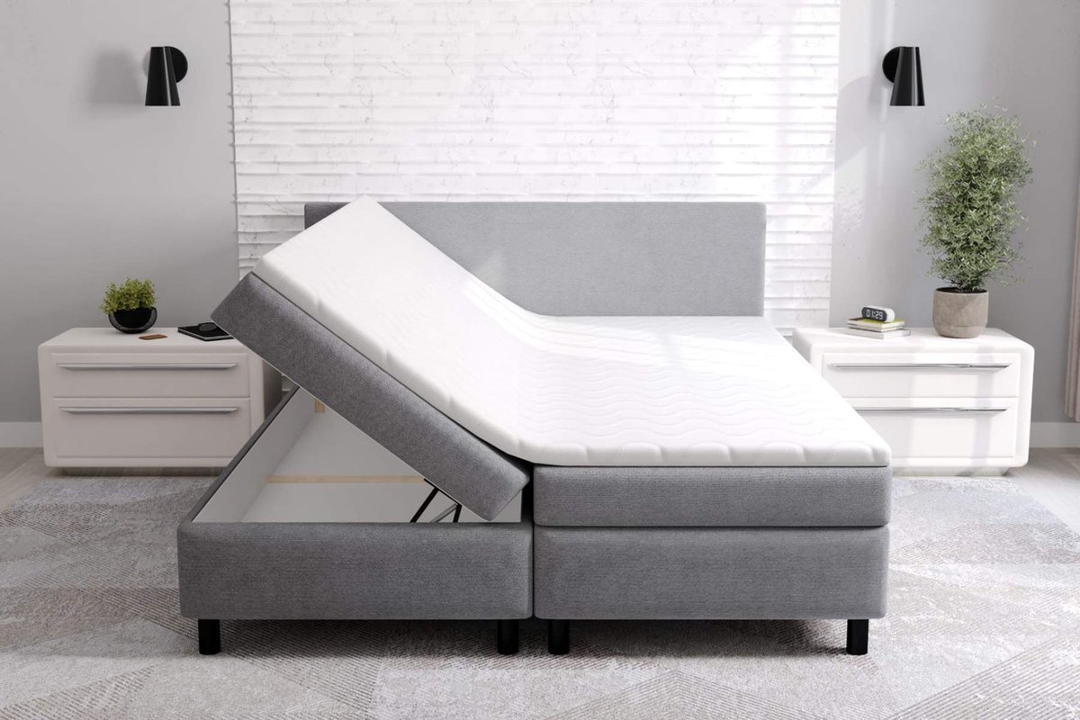 Boxspring Met opbergruimte Erolla - 140x200 cm - grijs stof - zetelsenbedden.be - Compleet bed met matras en topper - bed storage