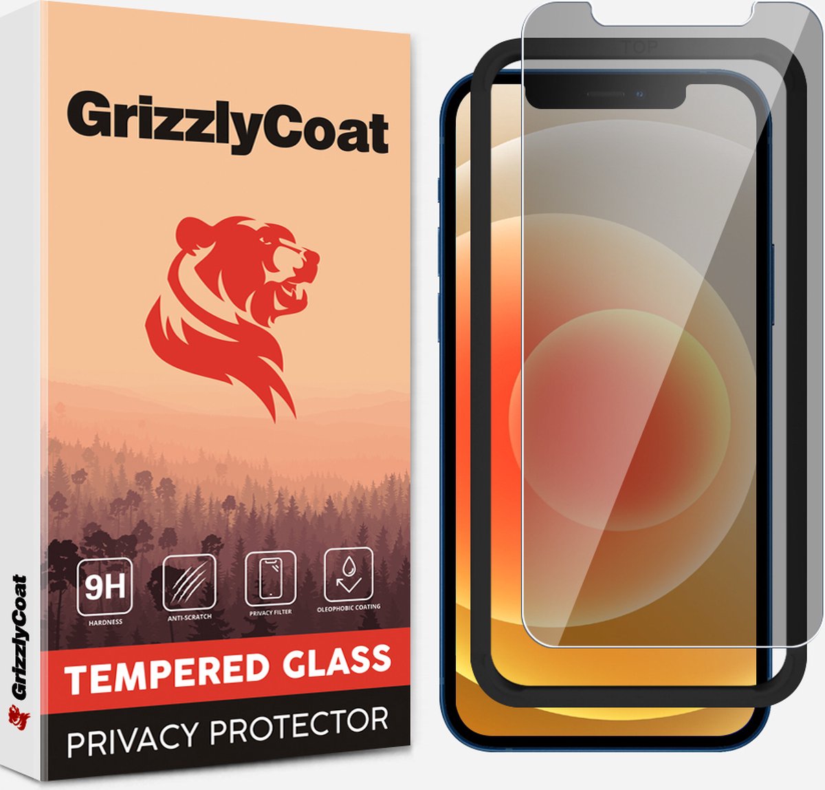 GrizzlyCoat - Screenprotector geschikt voor Apple iPhone 12 Glazen | GrizzlyCoat Easy Fit AntiSpy Screenprotector Privacy - Case Friendly + Installatie Frame