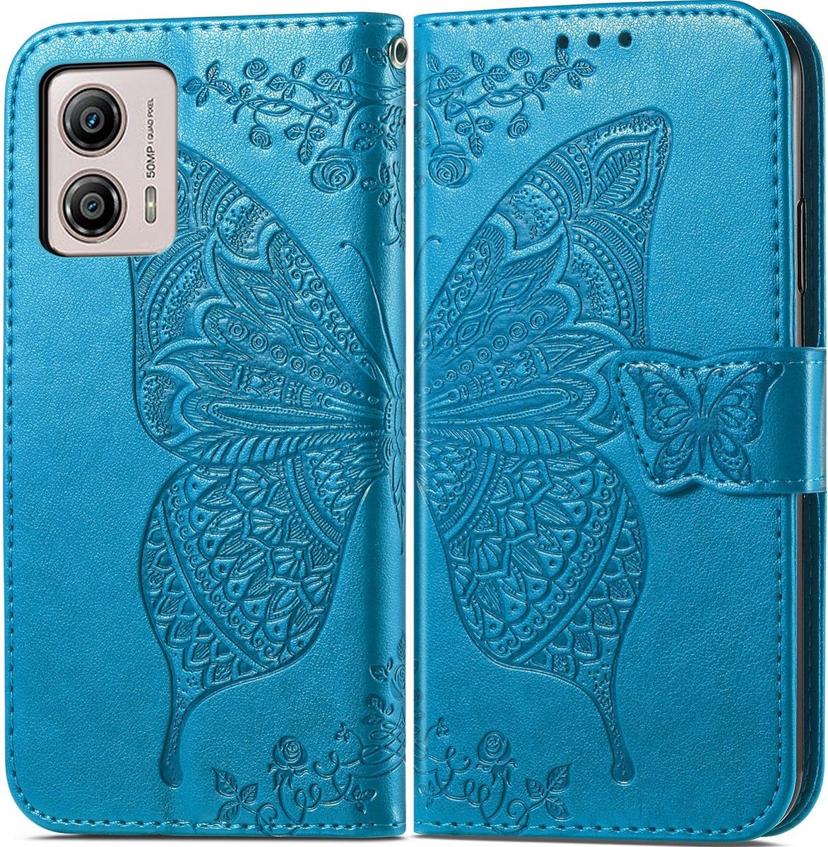 Mobigear Telefoonhoesje geschikt voor Motorola Moto E13 Hoesje | Mobigear Butterfly Bookcase Portemonnee | Pasjeshouder voor 3 Pasjes | Telefoonhoesje voor Pinpas / OV Kaart / Rijbewijs - Blauw