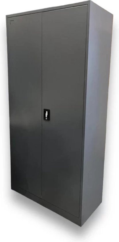 Grijze archiefkast met twee deuren, handgrepen en een slot. 200x100x40 cm.